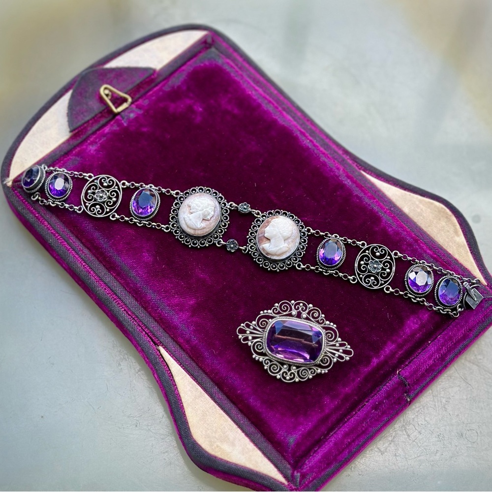 Sterling Cannetille Riviere Bracelet Italian Shell Cameos Amethyst & Brooch Pin